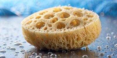 zero waste, sustainability, hygiene, personal care, A close up stock photo of a natural luffa sponge being used for zero waste washing or bath with water droplets running off it