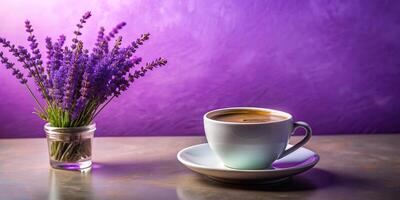 turkish coffee, cup, elegance, A cup of aromatic Turkish coffee is elegantly placed on a vibrant purple background embellished with the whimsical silhouette of a lavender flower photo
