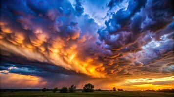 celestial, dusk, evening, depth of field, landscape, cloud formation, picturesque, dramatic, Twilight sky with vibrant and cloudy storm approaching creating a mesmerizing depth of field photo