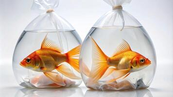 goldfish, animal, water, close up, background, transparent, fish, white, Pair of goldfish swimming in a transparent water packet against a white background with a shallow Depth of Field photo