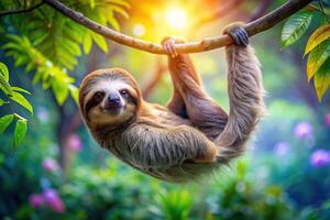 supernatural, tree branch, bird's eye view, A sloth lazily hangs from a futuristic tree branch in an otherworldly supernatural setting with plenty of open space for text viewed from above photo