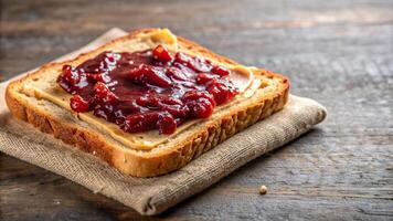 A close up shot of a slice of bread toast with a generous spread of jam and peanut butter eye level view, peanut butter, bread, jam, condiment, eye level, close-up shot, fruity photo