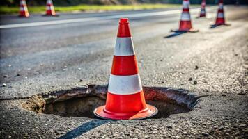 street, road surface, cone, traffic, construction, roadwork, danger, city, pavement, tilted, A red and white cone positioned next to a tilted hole in the asphalt road surface photo