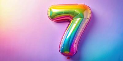 A bright rainbow inflatable balloon number seven with a festive pastel background captured from a worm s eye view, bright, festive, rainbow, inflatable, worm's eye view, balloon photo