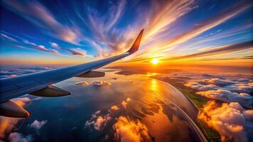 lens, background, Wing of a passenger plane floating gracefully against a picturesque twilight sky with a vibrant sunshine background captured in a unique fisheye lens perspective photo