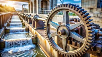 A close up stock photo of Floodgate Mechanical Gear and Large Toothed Wheel of Floodgate Valve Fisheye, mechanism, engineering design, industry, rotating, engineering