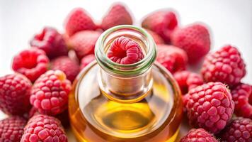 A close up view of a bottle containing raspberry seed oil placed on a white background captured using a fisheye lens, omega-3, white background,raspberry seed oil, moisturizing photo