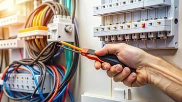 A close up shot of a hand removing the PVC sheath of an electrical cable using a retractable utility knife against the background of an electric switchboard, background,electrical cable photo