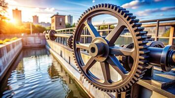 assembly, valve, engineering design,floodgate, close-up, fisheye, rotating, A close up stock photo of Floodgate Mechanical Gear and Large Toothed Wheel of Floodgate Valve Fisheye