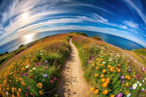 journey, summer, wildflower meadow, nature, winding,tranquil, serene, scenic, beauty, A serene winding coastal path covered in vibrant wildflowers surrounded by a fisheye lens effect photo
