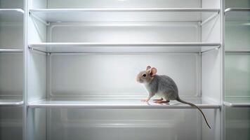 whimsical, empty fridge, food, small, background, storage, space, household, A single mouse perched on the edge of an empty fridge shelf creating a minimalist scene with a touch of whimsy photo