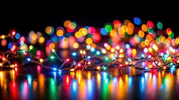 abstract, festive background, illumination, defocused lights, colorful lights, Colorful bokeh from a defocused garland on a black background captured from a tilted angle photo