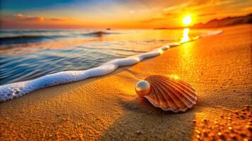 light, coast, shoreline, vacation, nature, Orange seashell with pearl resting on the shoreline illuminated by the warm and golden light of the sunset as seen from a bird s eye view photo