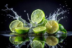 refreshing, citrus, A refreshing image featuring a wide angle shot of fresh lime slices and juice splashing on a sleek black background ideal for showcasing a summer drink or cocktail photo