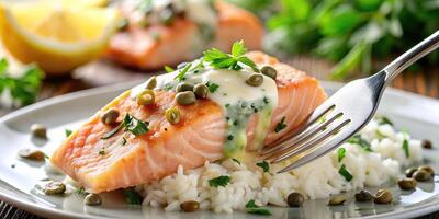 fork, tasty bite, silhouette, rice, closeup, Tasty bite of salmon piccata with creamy lemon caper butter sauce on a fork served with rice closeup silhouette photo