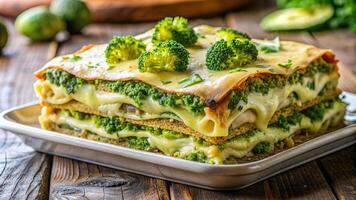vegan cheese, healthy food, A close up photo of a delicious vegan lasagne with layers of broccoli and zucchini topped with a creamy vegan sauce and baked to perfection