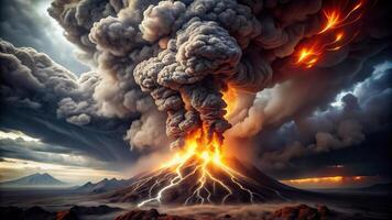 A powerful volcanic eruption sends towering columns of ash into the sky creating a dense ash cloud with flashes of lightning illuminating the dark swirling smoke, force,volcano photo