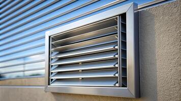 A stock photo of a ventilation louver with an actuator showcasing a forced perspective creating a visually striking and dynamic composition, design, actuator, angle, stock photo