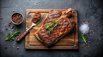 Grilled T Bone Steak with salt and pepper on cutting board on dark grey background Roasted T Bone beef steak Panoramic, salt, dark grey background,grilled, cutting board, roasted photo