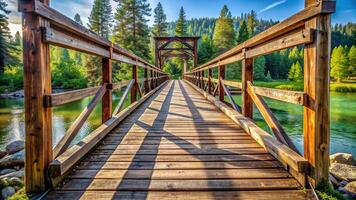 reathtaking extreme close up of a small wooden bridge suspended above the tranquil Coeur d Alene River revealing intricate woodwork and rustic details such as weathered planks and delicate handrails photo
