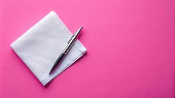 A white empty napkin and a pen are placed on a pink background creating a visually appealing and minimalist composition, tabletop, empty, organized, blank, clean, office, inspiration photo