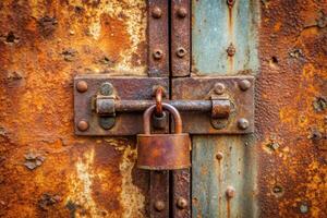 Ancient rusty iron door closed by a padlock Close Up, door, vintage door, ancient door, close-up, protection, closed, aged, lock, rusty, entrance, decay,ancient, old, iron, padlock photo