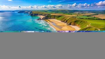 l view of Sandy Mouth a beach in Cornwall England showing its stunning natural beauty and the mesmerizing depth of field with clear blue waters golden sandy shoreline rugged cliffs and lush greenery photo