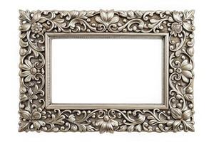 floral, low angle, luxury,silver, Silver rectangular frame with an intricate floral pattern and a glossy finish photographed from a low angle against a plain white background photo