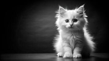 white fluffy kitten, cute, A black and white photograph capturing the adorable essence of a cute white fluffy kitten against a black backdrop using forced perspective technique photo