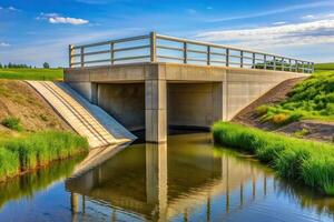 Cement bridge with culvert on irrigation ditch, sustainable, landscape, infrastructure, rural development, metal railing, countryside scenery, bridge, irrigation ditch, pathway, countryside photo
