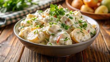 A close up photo of a homemade potato salad with a creamy mayonnaise dressing served in a tilted angle, fresh, food, picnic, salad, mayonnaise, delicious, creamy, cuisine,potato salad
