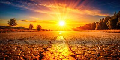 sunlight,glare, visually striking, road, hot asphalt, summer, bright, temperature, The hot sun casts a intense glare on the blistering hot asphalt creating a visually striking scene photo