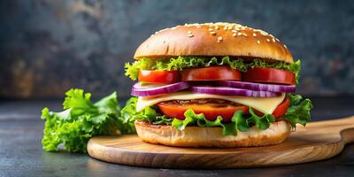 A mouthwatering stock photo showcasing a savory halloumi burger piled high with fresh lettuce tomato and red onion nestled on a perfectly toasted bun, savory, appetizing, meal, lunch