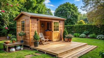A beautiful wooden deck with a spacious wooden shed in a backyard provides a cozy and rustic outdoor space for relaxation and storage, backyard oasis, greenery, wood, outdoor retreat photo
