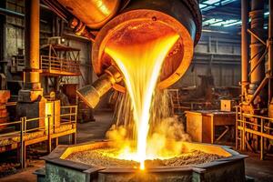 steelmaking, flow, dangerous, industrial, pouring metal, manufacturing, metal, Pouring of liquid metal in an open hearth furnace creating a mesmerizing asymmetrical flow of molten metal photo