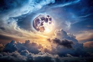 dark clouds, stock photo, peaceful, A close up stock photo of a serene night sky featuring a bright full moon shining through dark clouds set against a peaceful nature background