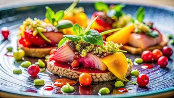 table setting, special presentation, gastronomy, meal, low angle, dining, A close up view of a deliciously presented lunch with vibrant colors and creative plating shown from a low angle photo
