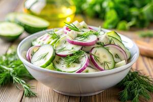 A close up stock photo of a creamy cucumber and dill salad with chopped red onion on a bright background with a shallow depth of field, background, bright, plate, freshness, food