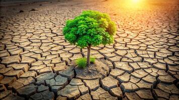 survival, determination, growing, life, growth, environment, resilience, texture., A green tree triumphantly grows through dry cracked soil showcasing resilience and determination photo