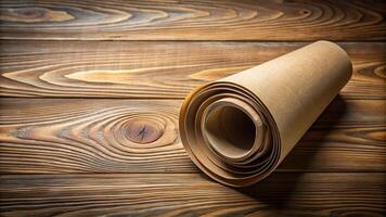 design, paper roll, craftsman, photography backdrop, wooden background, studio, background, table, A roll of craft paper sits on a wooden background with a fisheye lens effect photo