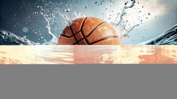 splash, movement, playing, innovative, abstract, shooting, action, skill, Basketball being played underwater with a splash captured in a medium shot against a white background photo