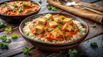 Rice with paneer butter masala arranged in an appetizing presentation, flavorful, meal, dish, paneer,rice, vegetarian, appetizing, spicy, curry, aromatic, traditional, delicious photo