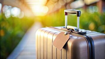 A stock photo featuring a blank name tag attached to a suitcase with copy space creating a focal point with a blurred background evoking the concept of tourism and holidays
