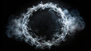 reflection, black background, mysterious,smoke, Gray smoke in the form of a circle isolated on a black background reflecting light and creating an ethereal and mysterious atmosphere photo