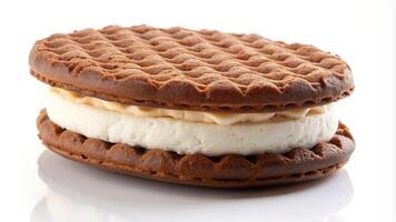 Progression of an unwrapped chocolate and vanilla ice cream cookie sandwich being slowly tilted to reveal the eaten wafer isolated over a white background, chocolate, isolated photo