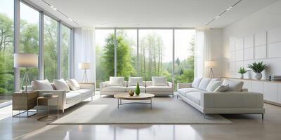 A spacious and serene white living room with minimalist design featuring light colored furniture sleek lines and ample natural light, light-colored, sleek lines, serene, area photo
