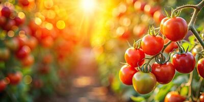 A close up shot of a tomato crop glistening with water droplets and bathed in sunlight captured at eye level, red, water drops, summer, food, agriculture, close-up, ripe,tomato crop photo