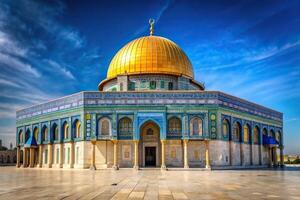 The Dome of the Rock an iconic Islamic shrine on the Temple Mount in Jerusalem captured from a low angle highlighting its stunning architecture and golden dome, blue sky, symbol photo