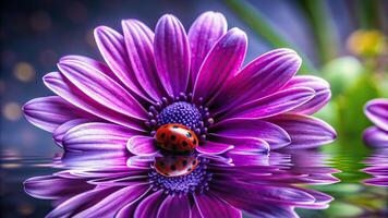 outdoor, detail, A detailed close up shot of a vibrant purple flower with a beautiful ladybug perched on top captured from a wide angle perspective with a reflection visible on the petals photo