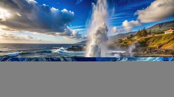 A stunning stock photo featuring the spouting horn on the breathtaking coastline of La Palma showcasing the captivating forced perspective of the mesmerizing natural phenomenon